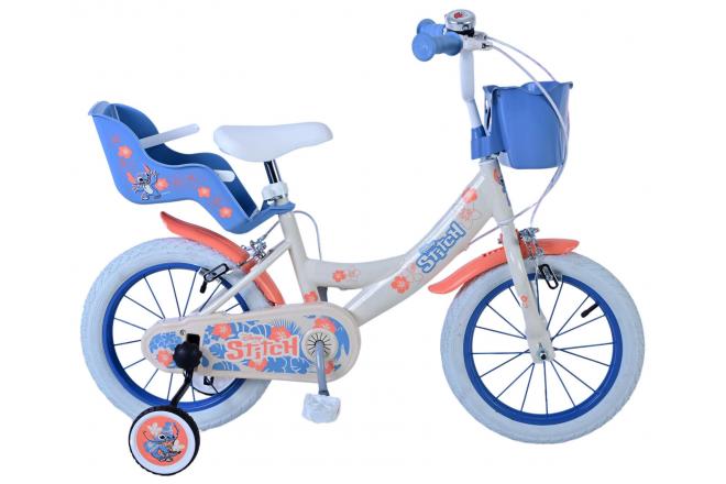 Disney Stitch Kinderfahrrad - Mädchen - 14 Zoll - Creme Koralle Blau - Zwei handbremsen