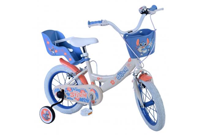 Disney Stitch Kinderfahrrad - Mädchen - 14 Zoll - Creme Koralle Blau - Zwei handbremsen