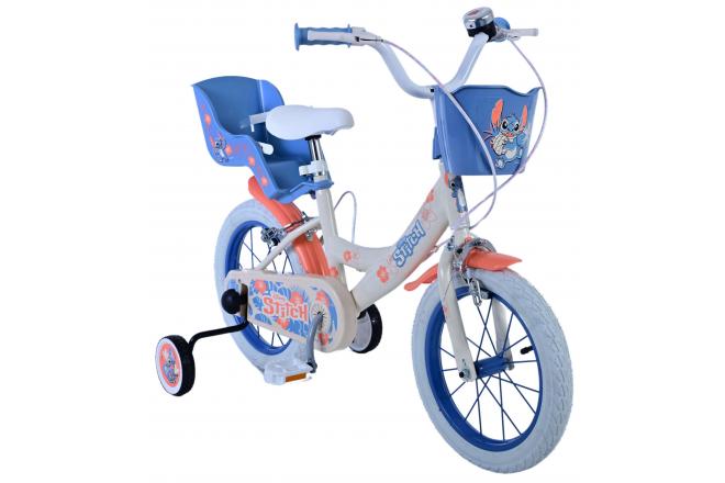 Disney Stitch Kinderfahrrad - Mädchen - 14 Zoll - Creme Koralle Blau - Zwei handbremsen