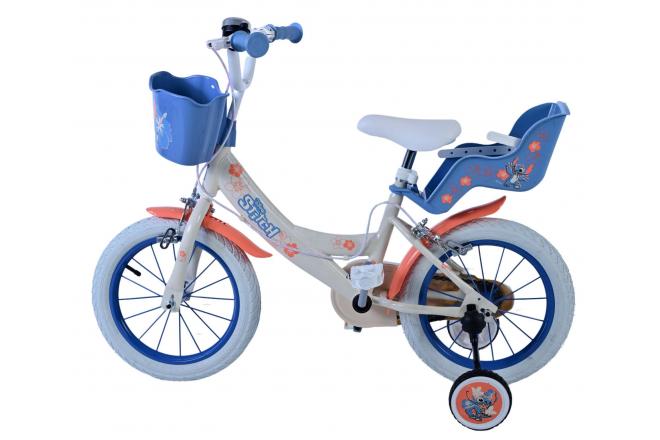 Disney Stitch Kinderfahrrad - Mädchen - 14 Zoll - Creme Koralle Blau - Zwei handbremsen