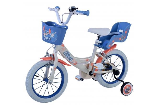 Disney Stitch Kinderfahrrad - Mädchen - 14 Zoll - Creme Koralle Blau - Zwei handbremsen